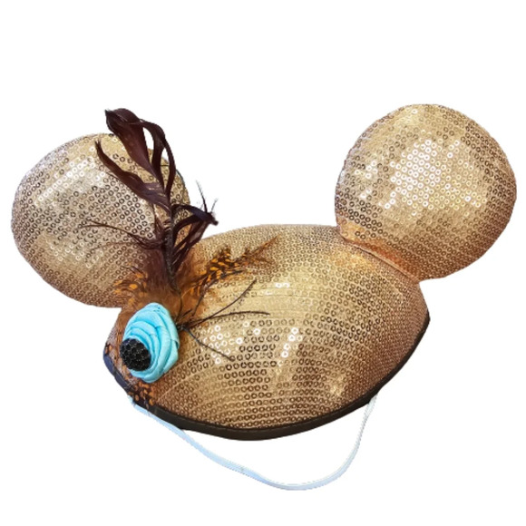 Disney Park Authentic Mickey Mouse Ear Hat Gold Sequins & Feather One Size - Picture 6 of 8